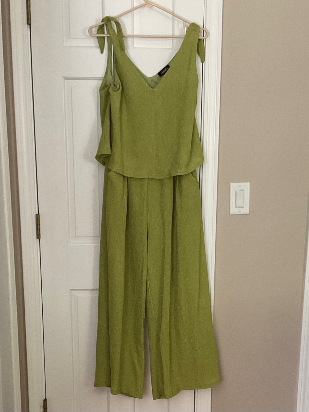 Tie-Shoulder Olive Jumpsuit with Wide Legs - Picture 1 of 4